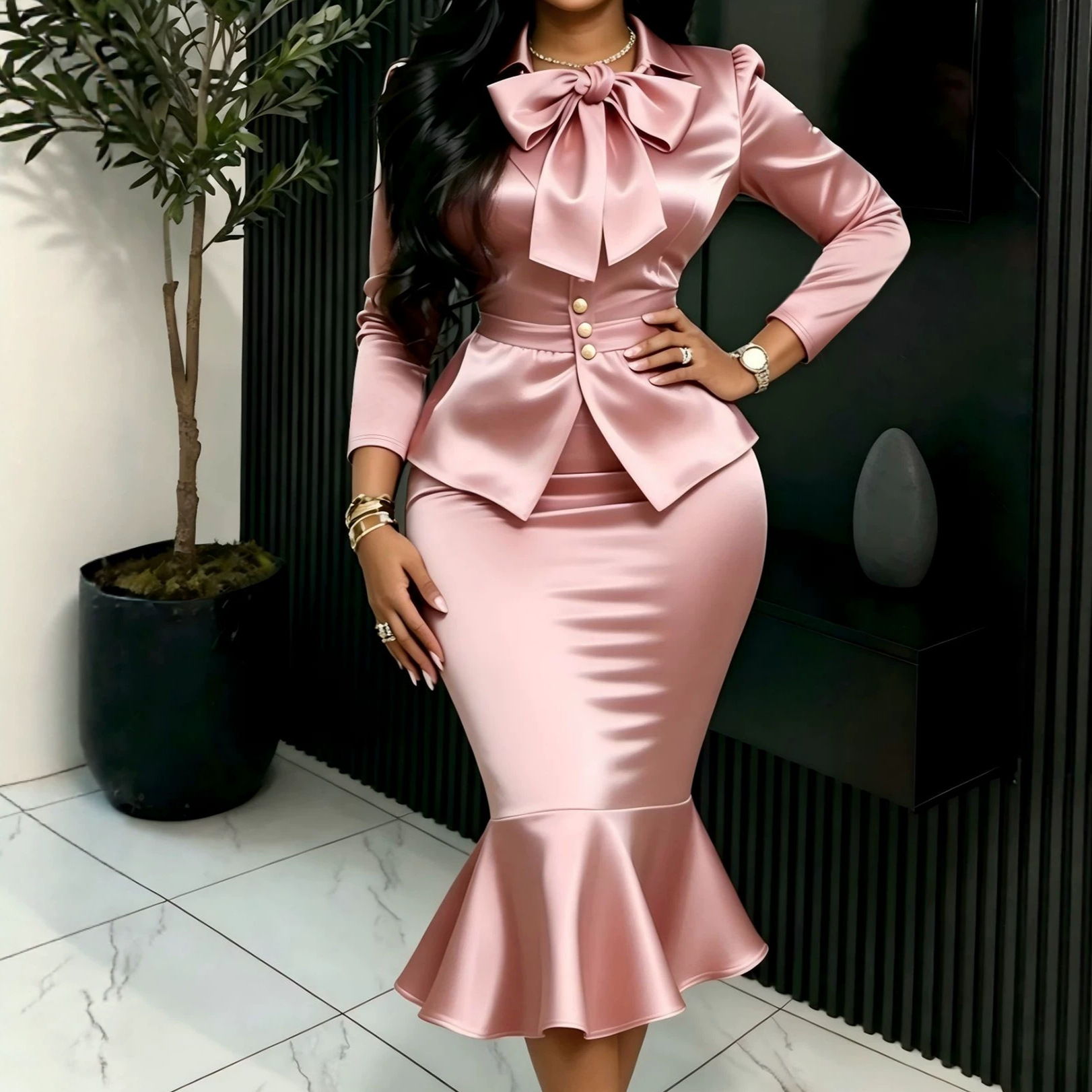 Cross border elegant satin dress set with bow, slim fit and waist cinching suit jacket, fish tail wrapped buttocks dress two-piece set