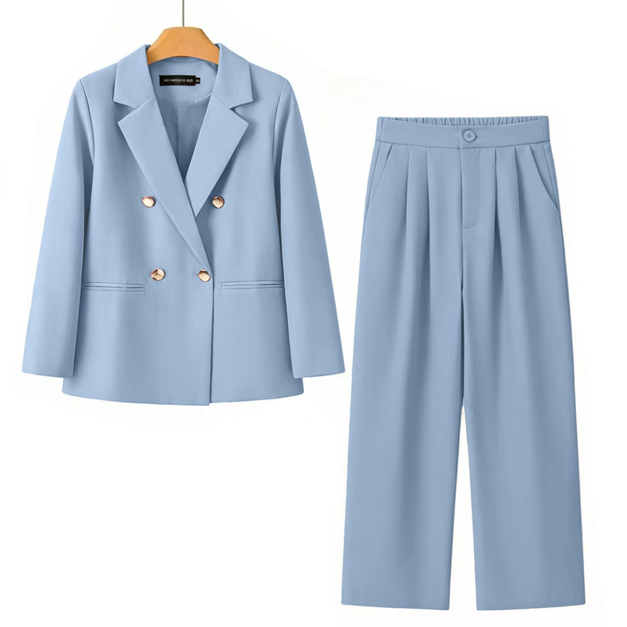 Blue suit wide leg pants set, feminine spring and autumn temperament, commuting double breasted jacket, high waist, slimming and hanging professional outfit