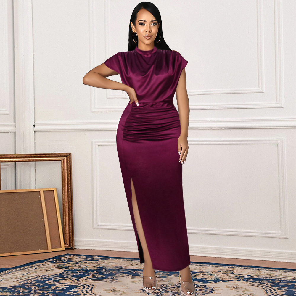 AM211217 Long Dress Solid Color Dress with High Waist Temperament Commuter Red Curved Dress Long Dresses