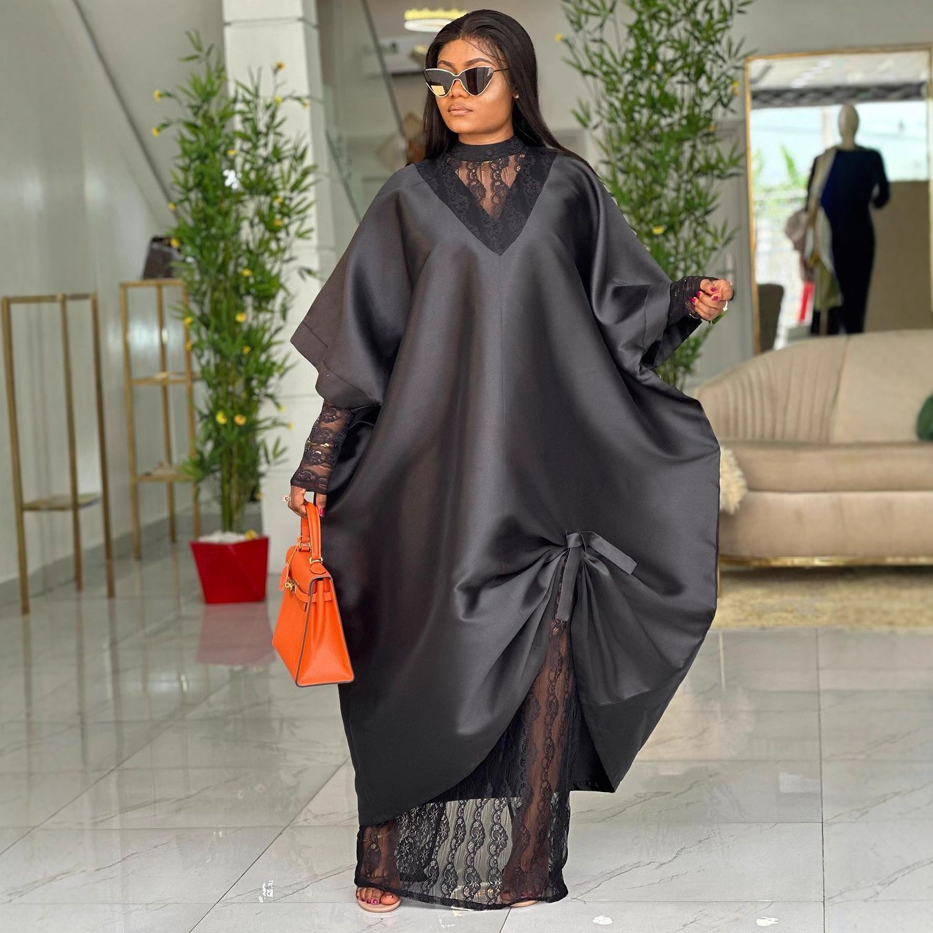 African loose robe skirt set with lace lining and V-neck batball sleeves big swing skirt Bubu Dress
