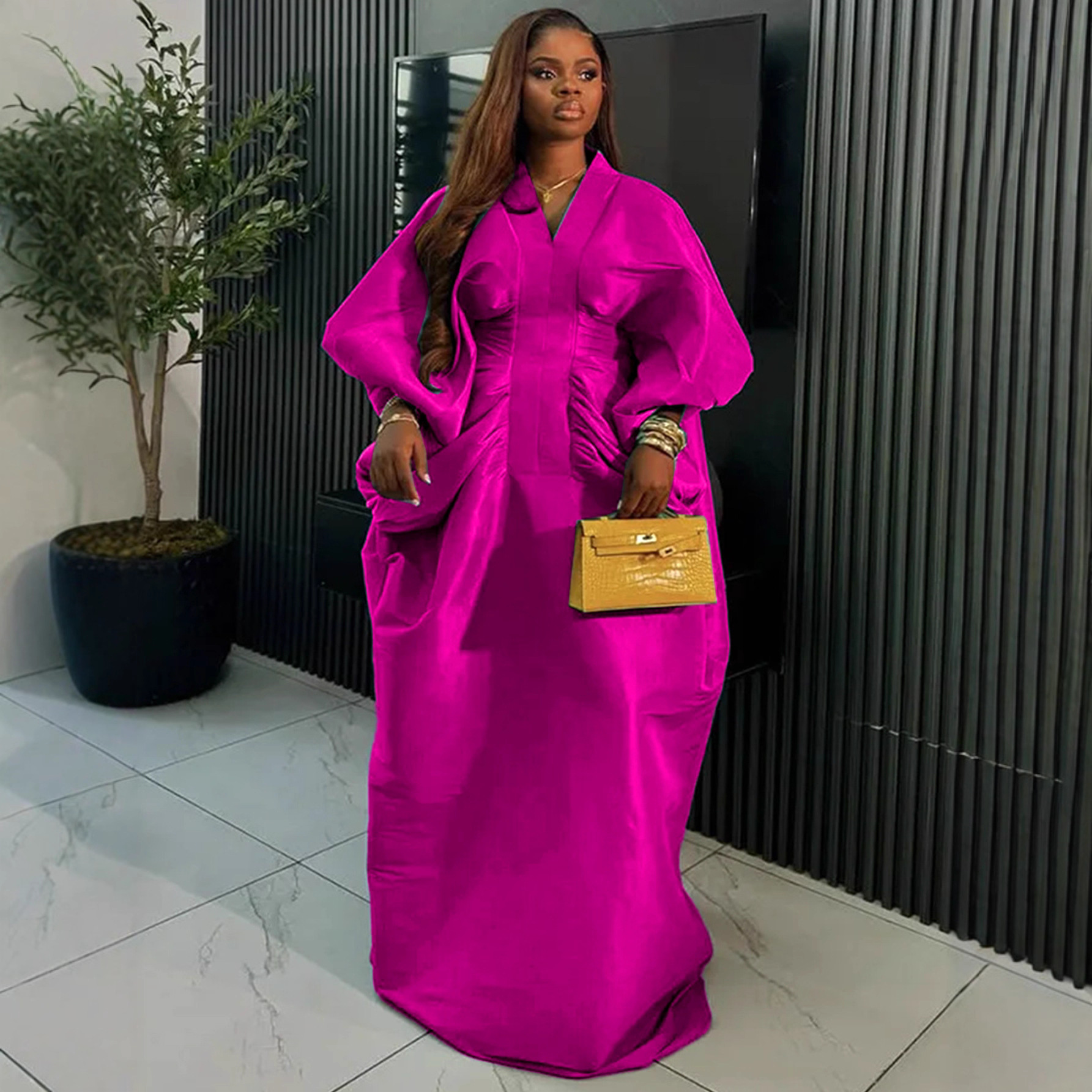 African new loose V-neck bat long sleeved dress with pleats and waist cinching, fashionable party long dress