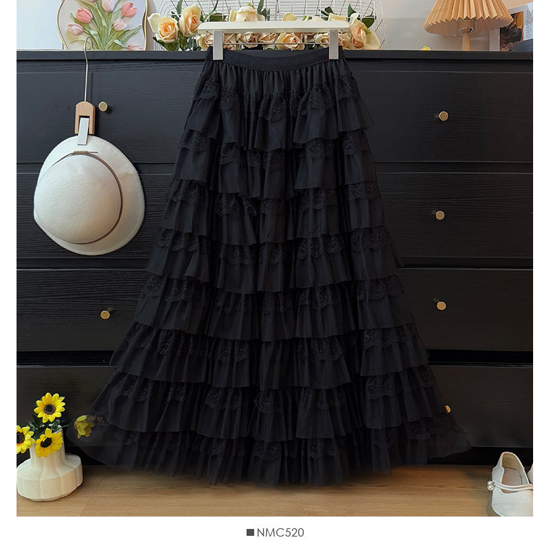 Temperament Fairy Lace Skirt Lace High Waist Medium Long A-line Elastic Waist Looks Skinny Puff Splicing Mesh Cake Skirt Temperament Fairy Lace Skirt Lace High Waist Medium Long A-line Elastic Waist Looks Skinny Puff Splicing Mesh Cake Skirt
