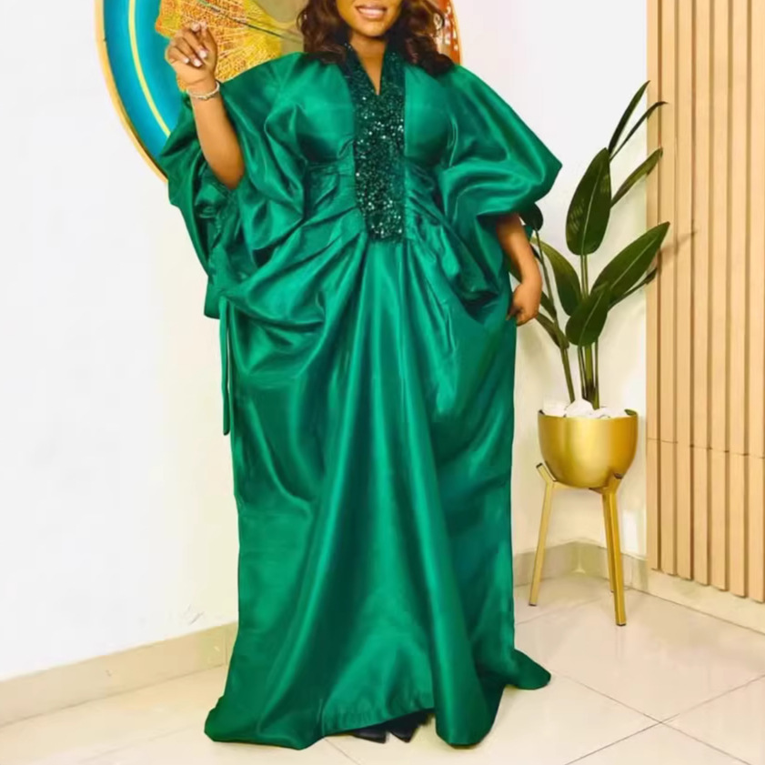 V-neck patchwork sequin bat sleeve dress with pleated waist, loose African robe, banquet evening dress, dress