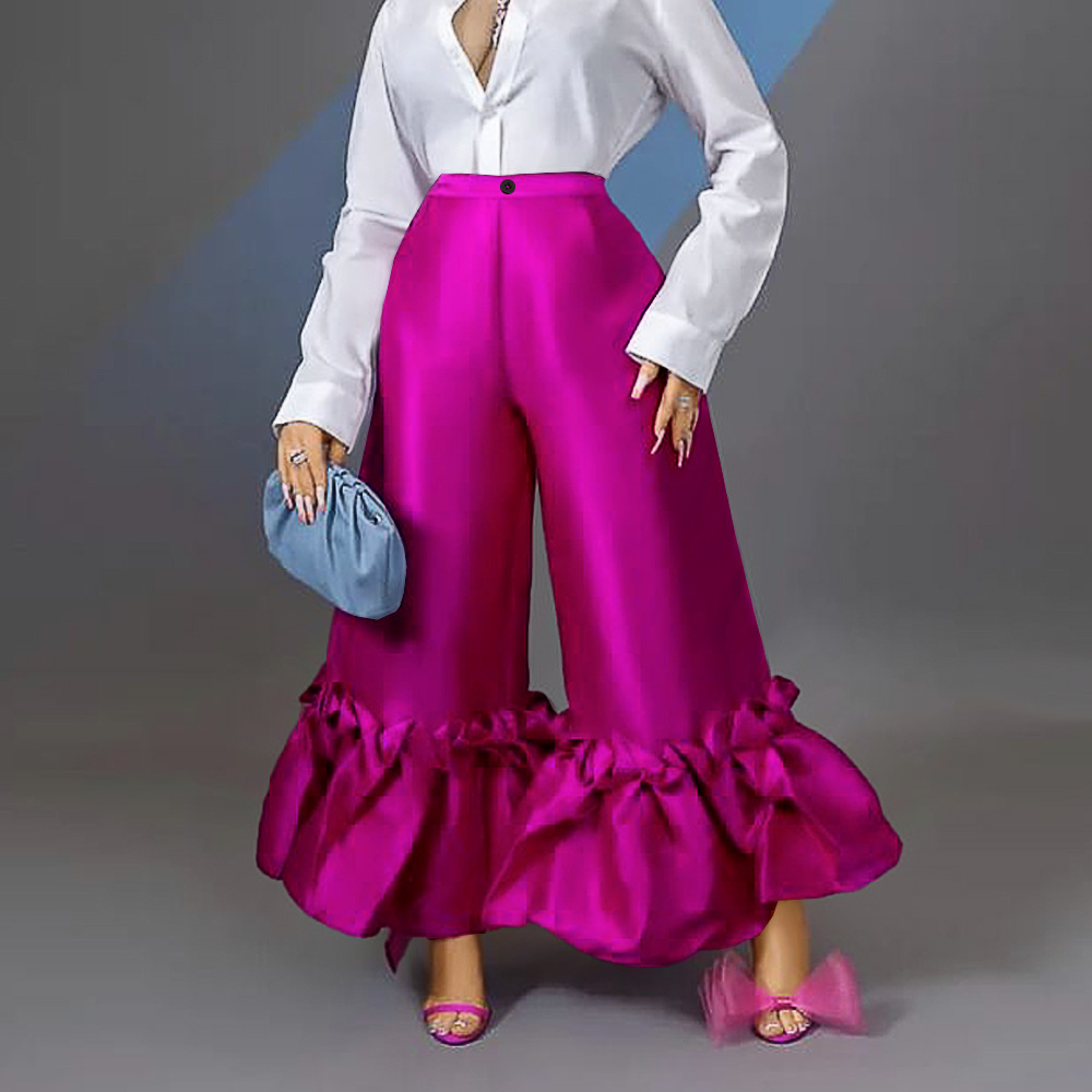 AM220521 High Waist Flare Pants with loose design and ruffle edge wide leg flared pants