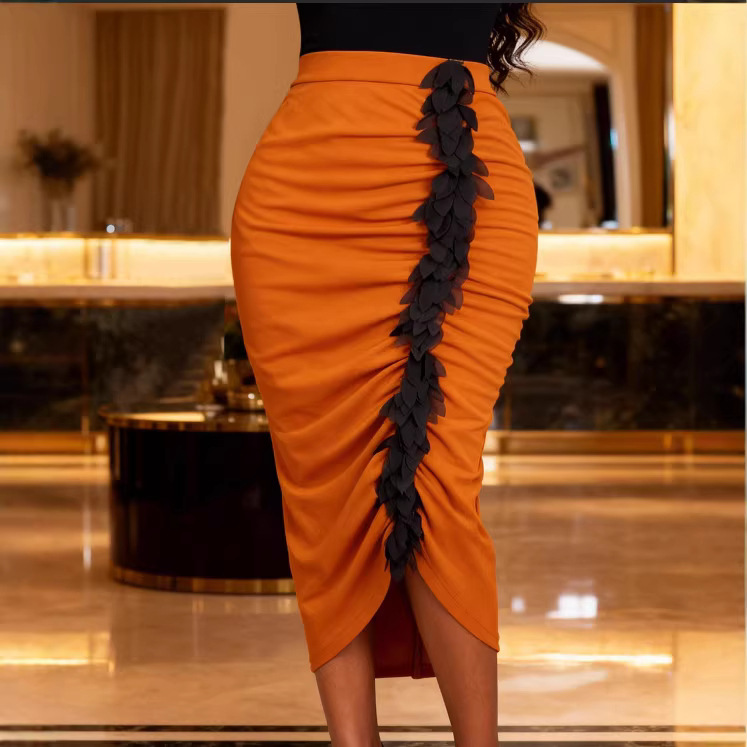 Cross border elegant pleated brown midi skirt with three-dimensional flower high waist and slit for commuting party temperament, including buttocks skirt and skirt